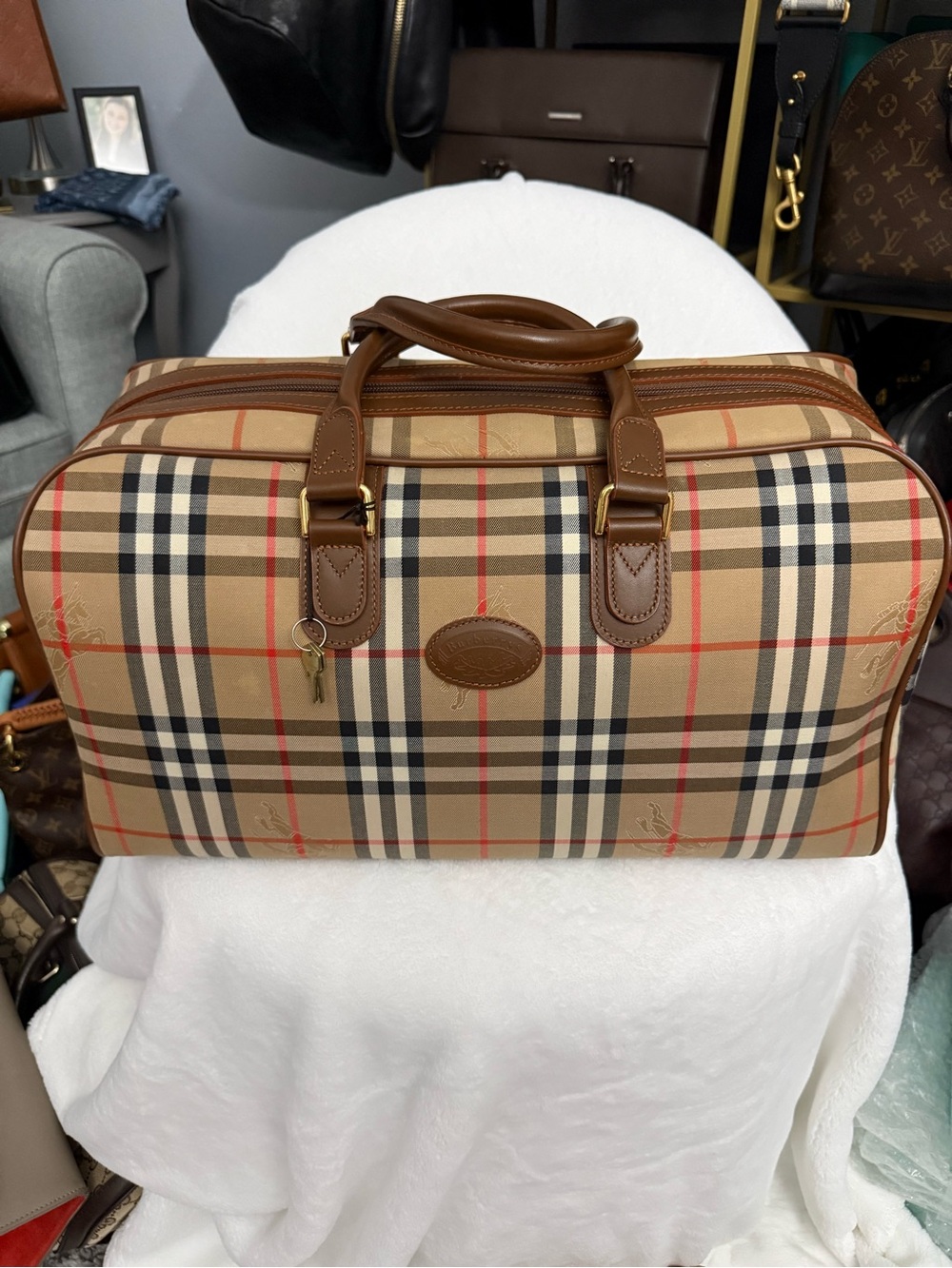 Burberry Tan Checkered Leather-Trim Duffel Bag